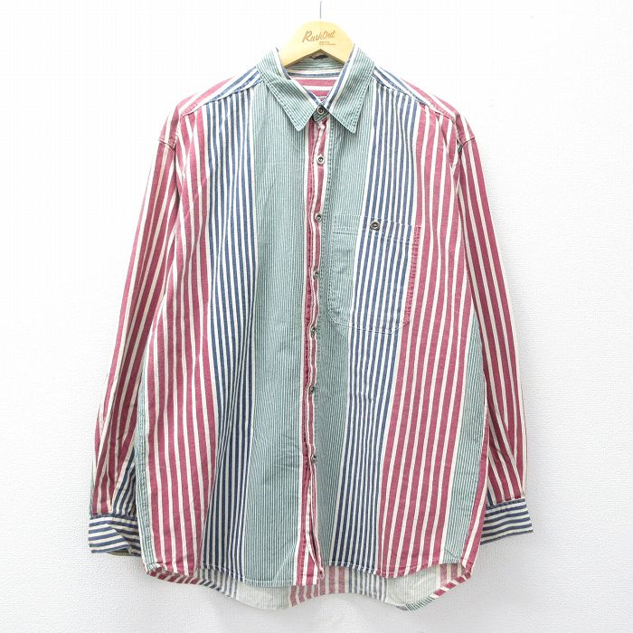XL★古着 長袖 シャツ メンズ 00年代 00s コットン 緑他 ストライプ 26apr04