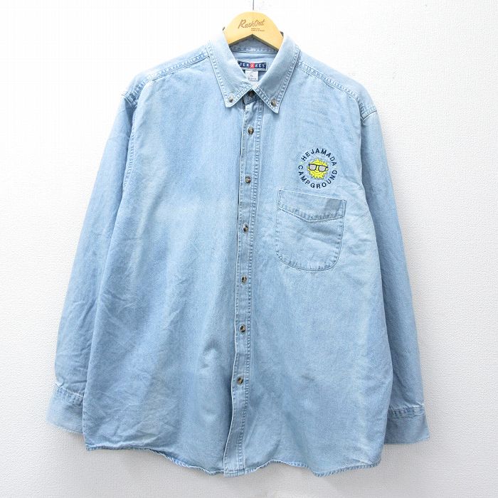 XL★古着 ジャージーズ 長袖 シャツ メンズ HEJAMADA フェード 大きいサイズ ロング丈 コットン ボタンダウン 紺 デニム 26apr04