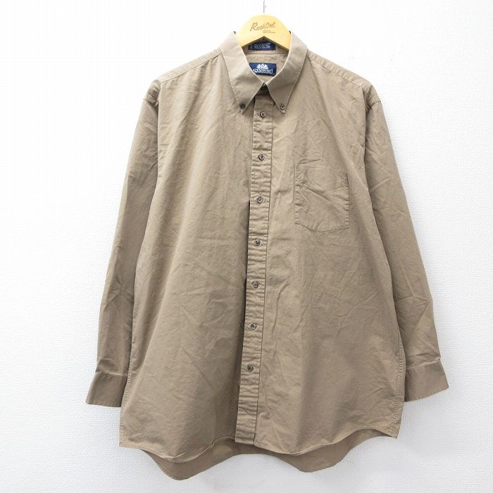 XL★古着 長袖 シャツ メンズ 大きいサイズ コットン ボタンダウン ベージュ 26apr09