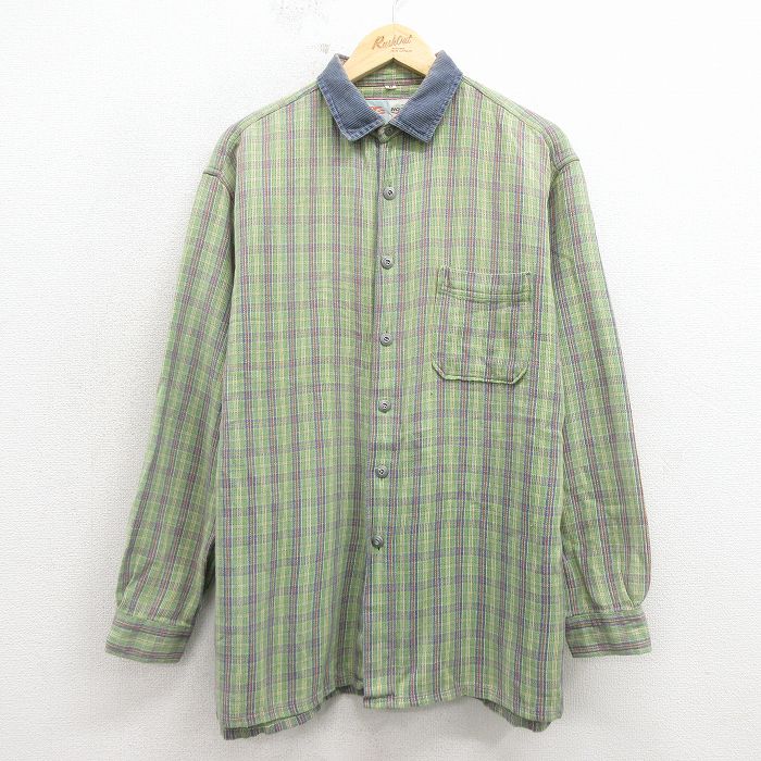 XL★古着 長袖 シャツ メンズ 00年代 00s コットン 薄緑他 チェック 26apr11
