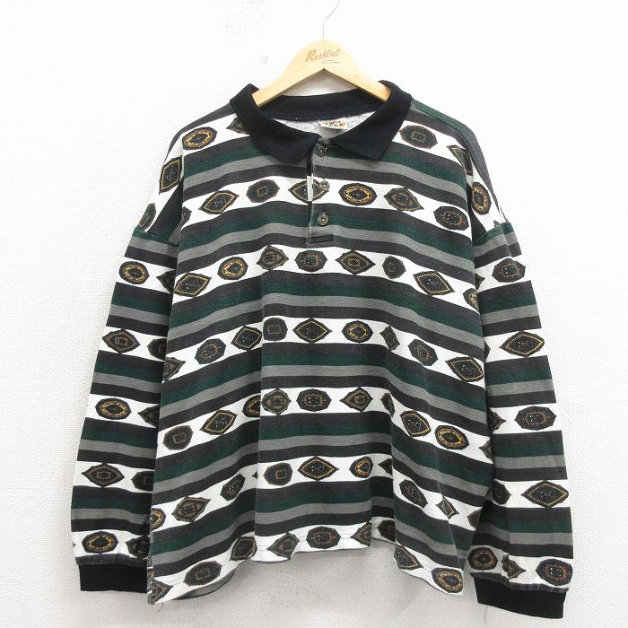 XL★古着 長袖 ポロ シャツ メンズ 90年代 90s 鹿の子 大きいサイズ コットン USA製 緑他 26apr16