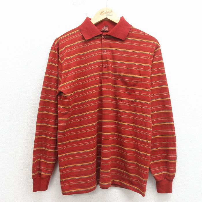L★古着 キャンパス 長袖 ポロ シャツ メンズ 80年代 80s USA製 エンジ ボーダー 26apr16