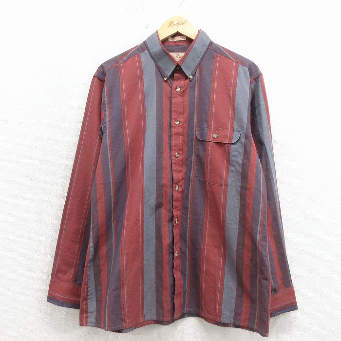 L★古着 ザフォックスコレクション THE FOX COLLECTION 長袖 シャツ メンズ 80年代 80s ボタンダウン エンジ他 ストライプ 26apr16