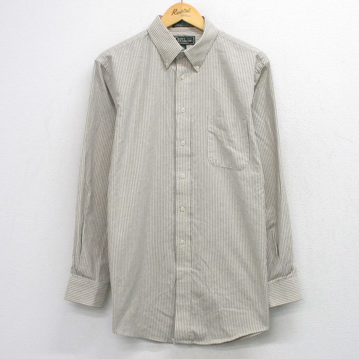 L★古着 長袖 シャツ メンズ 90年代 90s ロング丈 ボタンダウン USA製 ベージュ系他 ストライプ 26apr23