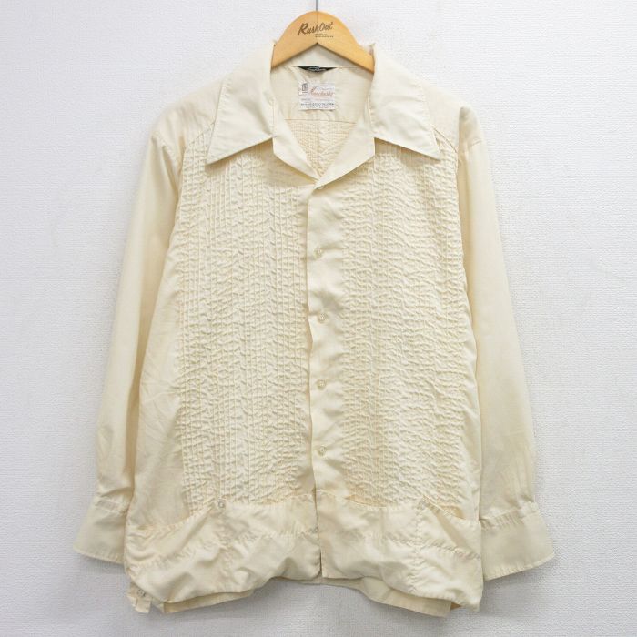 XL★古着 長袖 シャツ メンズ 70年代 70s 開襟 オープンカラー 薄黄 26apr23