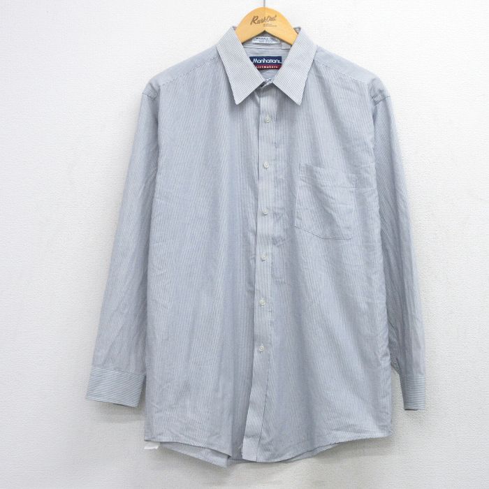XL★古着 マンハッタン 長袖 シャツ メンズ 90年代 90s ロング丈 USA製 白他 ストライプ 26apr23