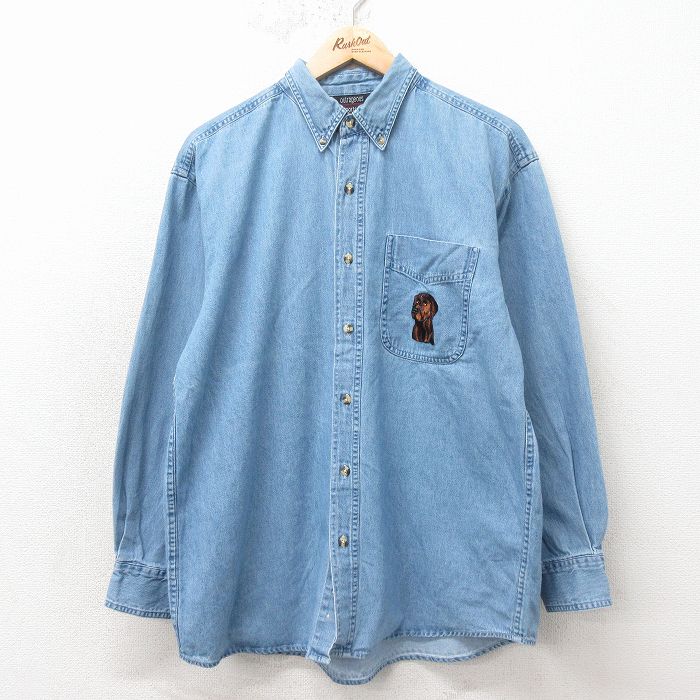 L★古着 長袖 シャツ メンズ 犬 コットン ボタンダウン 紺 デニム【spe】 26apr24