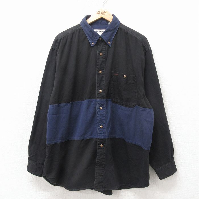 XL★古着 長袖 シャツ メンズ 00年代 00s ツートンカラー コットン ボタンダウン 黒他 26apr24
