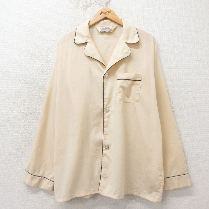 XL★古着 長袖 パジャマ シャツ メンズ 80年代 80s 開襟 オープンカラー 薄ベージュ他 26apr24
