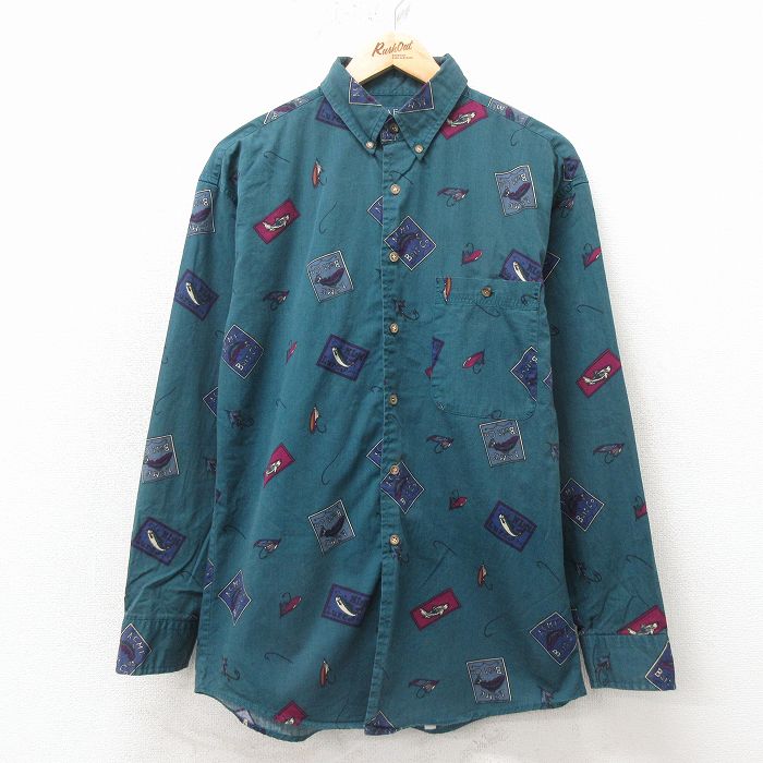 M★古着 長袖 シャツ メンズ ルアー コットン ボタンダウン 緑他 26apr24