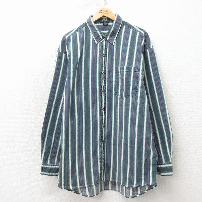 00s 長袖シャツ ストライプ グリーン メンズXL相当 | 古着