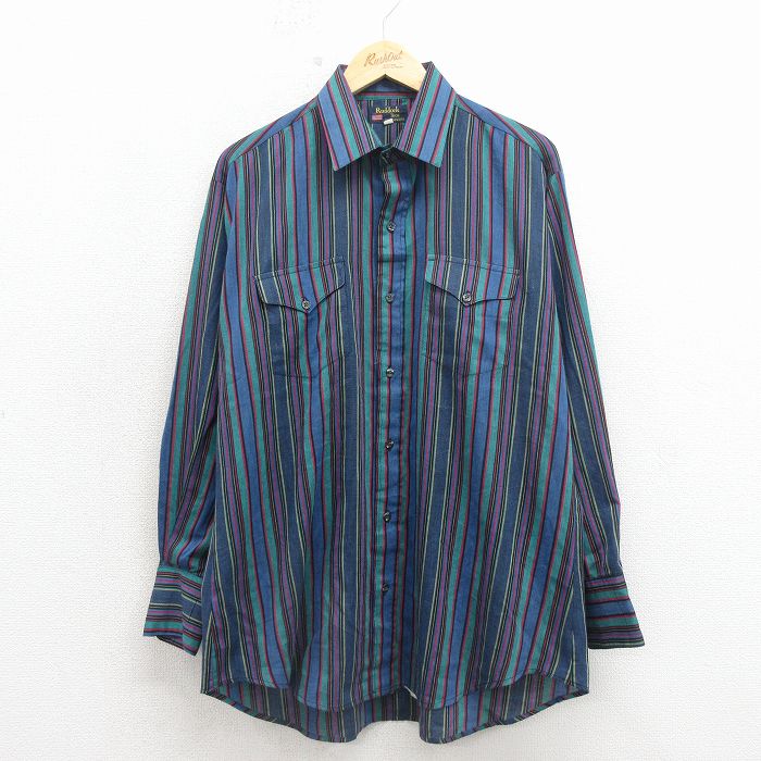 XL★古着 長袖 シャツ メンズ 90年代 90s 大きいサイズ USA製 紺他 ストライプ 26may01