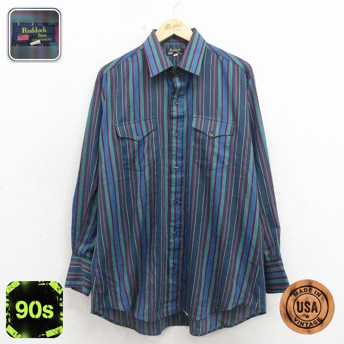 【20%OFF】90s 長袖シャツ ストライプ ネイビー メンズXL相当 | 古着
