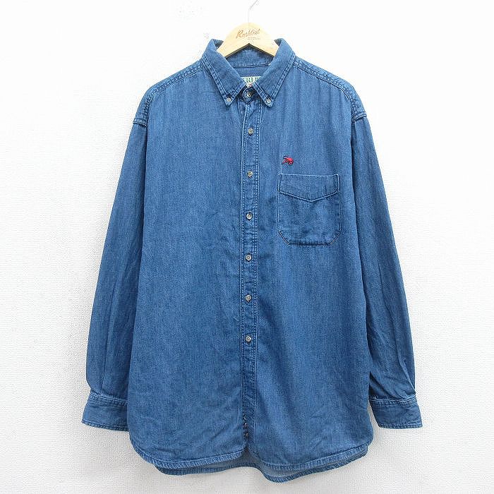 XL★古着 長袖 シャツ メンズ 90年代 90s エビ 大きいサイズ ロング丈 コットン ボタンダウン USA製 紺 デニム【spe】 26may12