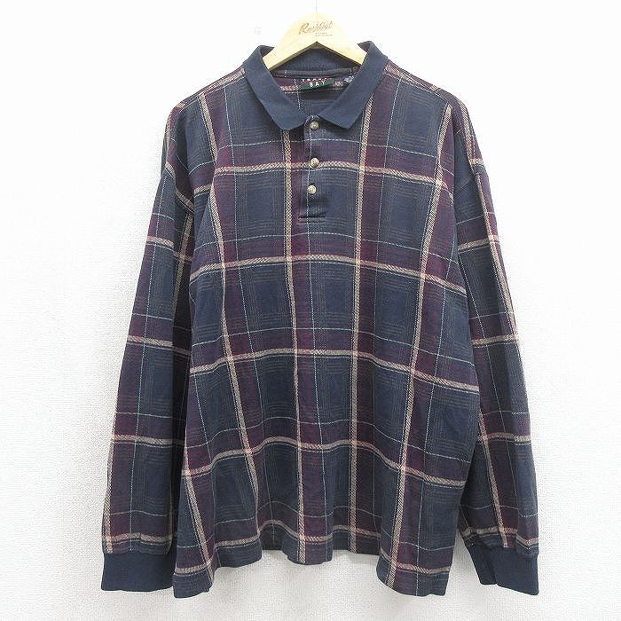 00s 長袖ポロシャツ ネイビーチェック XL | 古着