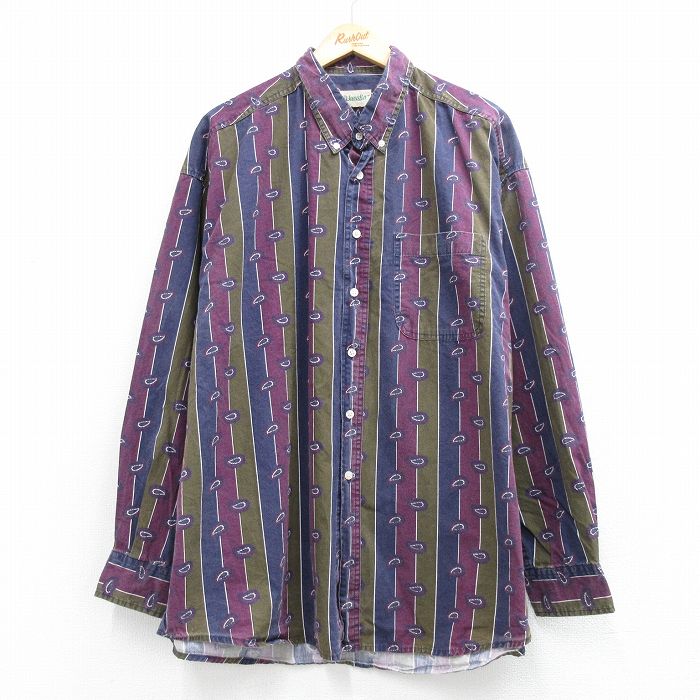 XL★古着 セントジョンズベイ 長袖 シャツ メンズ 90年代 90s ペイズリー柄 大きいサイズ ロング丈 ボタンダウン ネイビー ストライプ 26jun03