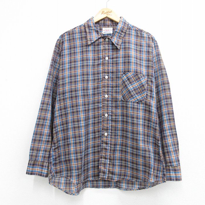 L★古着 長袖 シャツ メンズ 70年代 70s USA製 ネイビー チェック 26jun03