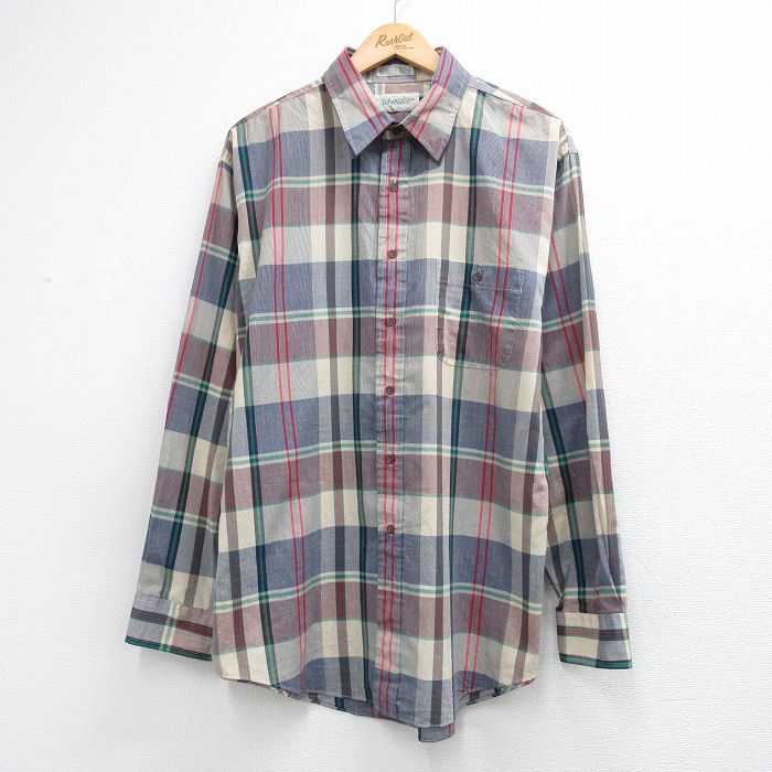 XL★古着 セントジョンズベイ 長袖 シャツ メンズ 90年代 90s 大きいサイズ ロング丈 ベージュ チェック 26jun03