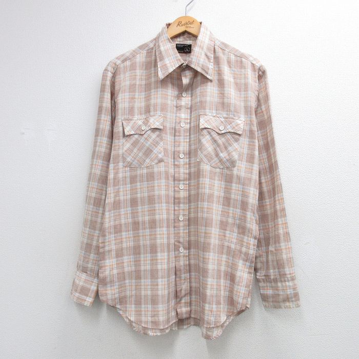 XL★古着 JCペニー 長袖 シャツ メンズ 70年代 70s ベージュ チェック 26jun03