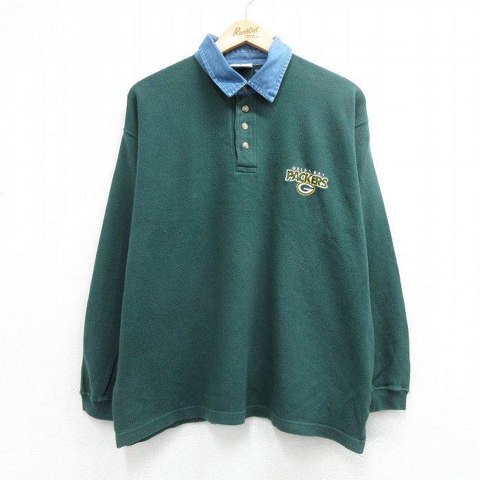 グリーンベイパッカーズ 90s 長袖ポロシャツ 襟デニム グリーン メンズXL相当 | 古着