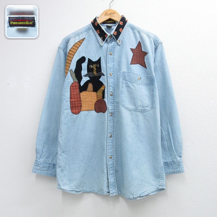 【20%OFF】長袖シャツ ネコ星 ライトブルー メンズL相当 | 古着