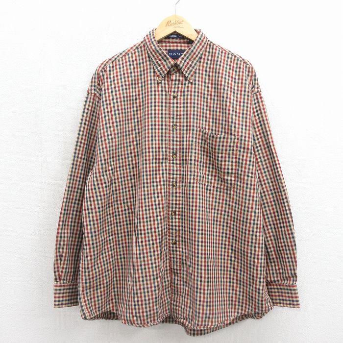 XL★古着 GANT 長袖 シャツ メンズ 90年代 90s 大きいサイズ コットン ボタンダウン ベージュ チェック 26jun24