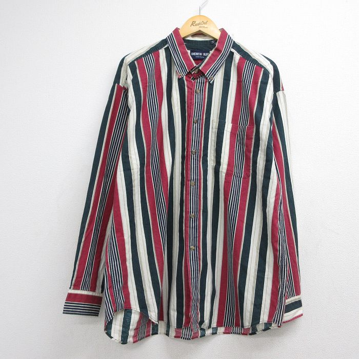XL★古着 長袖 シャツ メンズ 90年代 90s 大きいサイズ ロング丈 コットン ボタンダウン バーガンディ 26jul08
