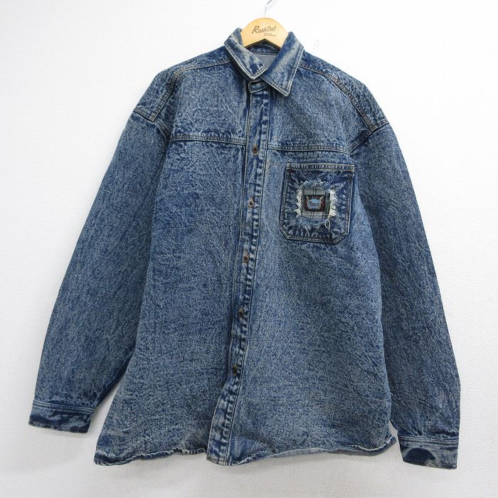 ネイビーデニム 90s 長袖シャツ ケミカルウォッシュ メンズXL相当 | 古着