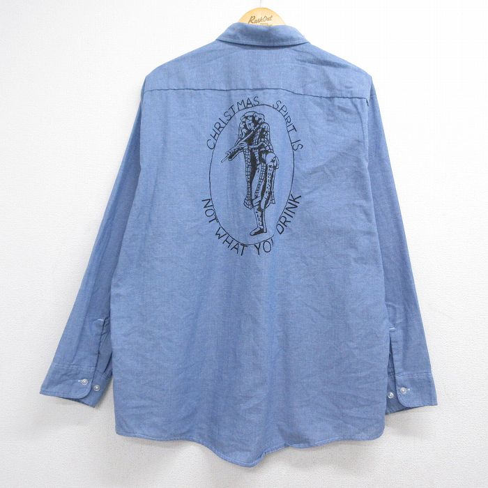XL★古着 長袖 シャツ メンズ 80年代 80s クリスマス 大きいサイズ ロング丈 USA製 ライトブルー 26jul30
