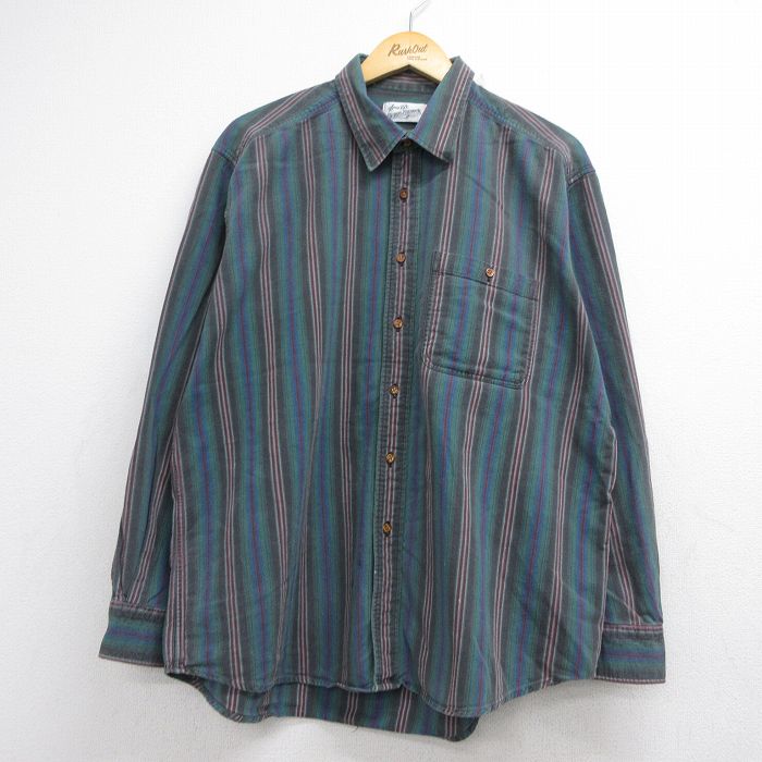 シアーズ 90s 長袖シャツ ストライプ グリーン メンズXL相当 | 古着
