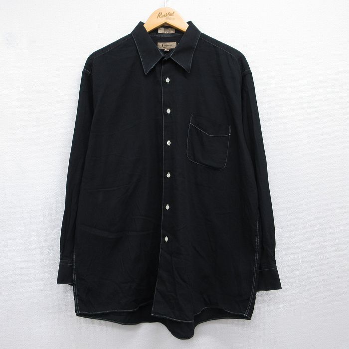XL★古着 長袖 シャツ メンズ 大きいサイズ ロング丈 ブラック 26jul31