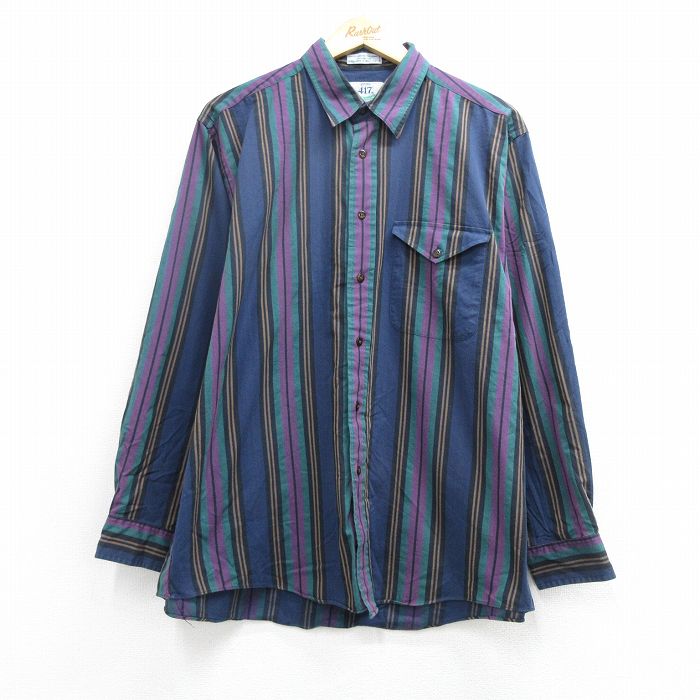バンヒューセン 90s 長袖シャツ ストライプ ネイビー メンズXL相当 | 古着