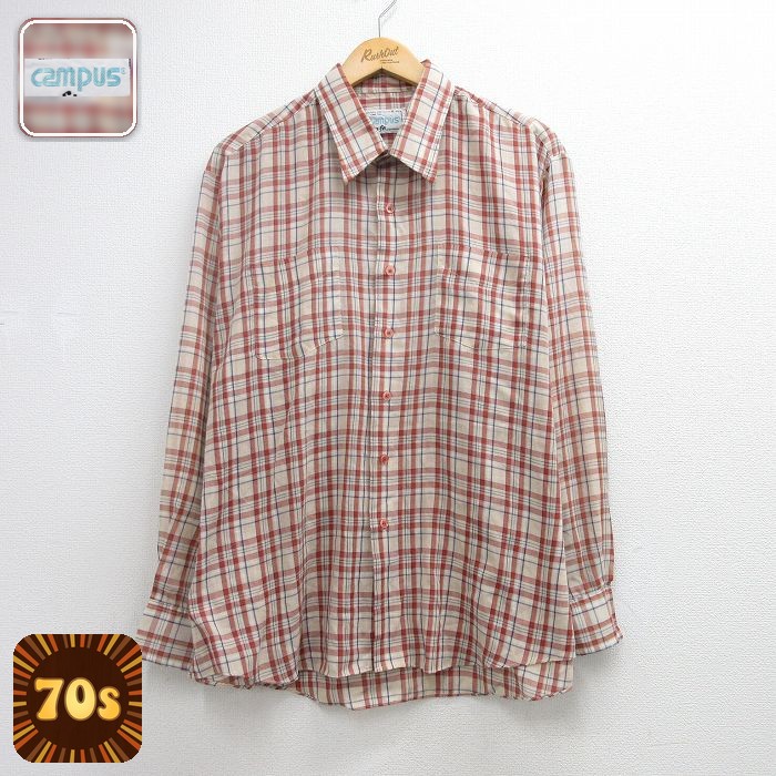 キャンパス 70s 長袖シャツ ベージュチェック メンズXL相当 | 古着
