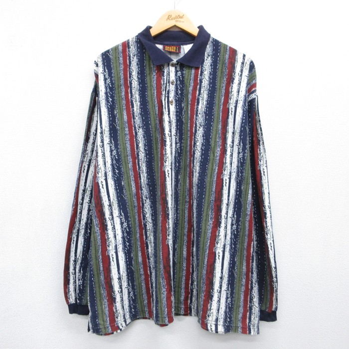 FADED GLORY 90s 長袖ポロシャツ ストライプ ネイビー メンズXL相当 | 古着