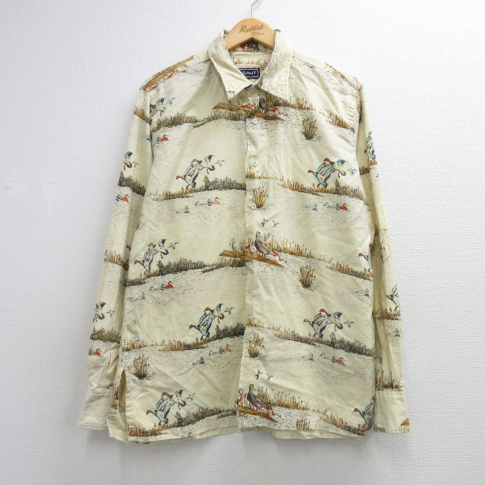 GANT 長袖 シャツ 90s 鳥 ダック ハンティング 総柄 オフホワイト メンズL相当 | 古着