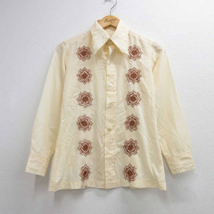 70s 長袖シャツ 刺繍総柄 イエロー メンズXS相当 | 古着