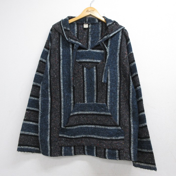 MOLINA 長袖 90s メキシカンパーカー カンガルーポケット メキシコ製 ネイビー ストライプ メンズXL相当 | 古着