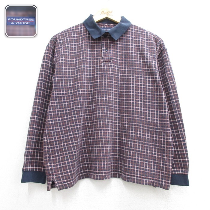 ROUNDTREE & YORKE ネイビーチェ 長袖 シャツ ポロ コットン チェック メンズL相当 | 古着