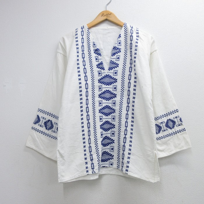 七分袖シャツ 刺繍 総柄 ホワイト メンズM相当 | 古着