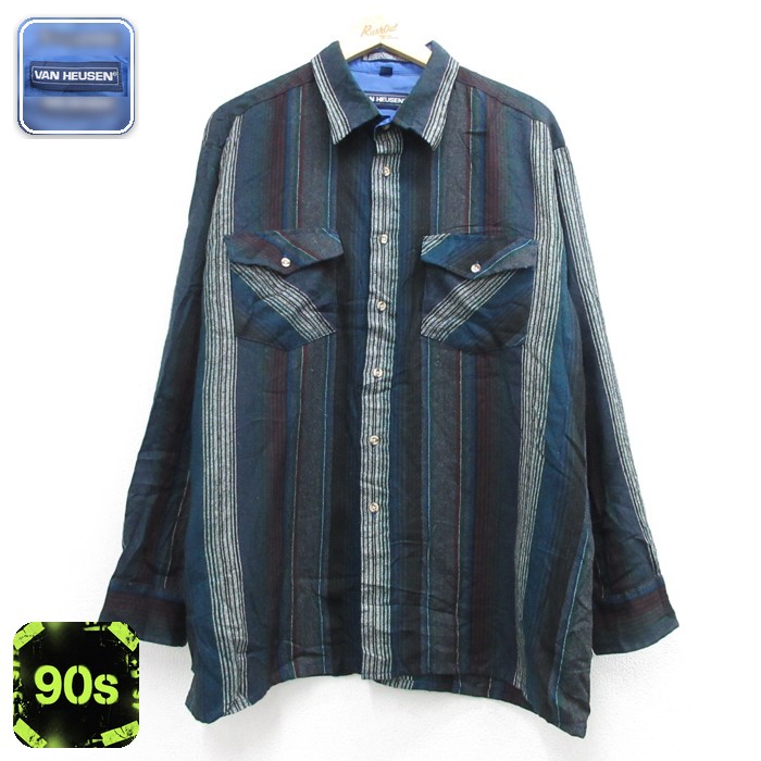 VAN HEUSEN 90s 長袖シャツ フラップポケット ネイビーストライプ メンズXL相当 | 古着