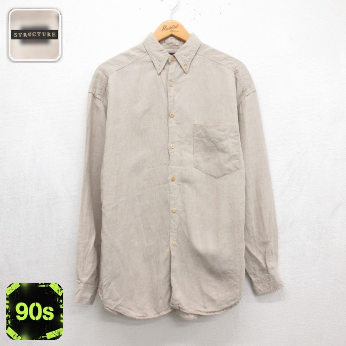STRUCTURE 長袖 シャツ 90s リネン ボタンダウン ベージュ メンズL相当 | 古着