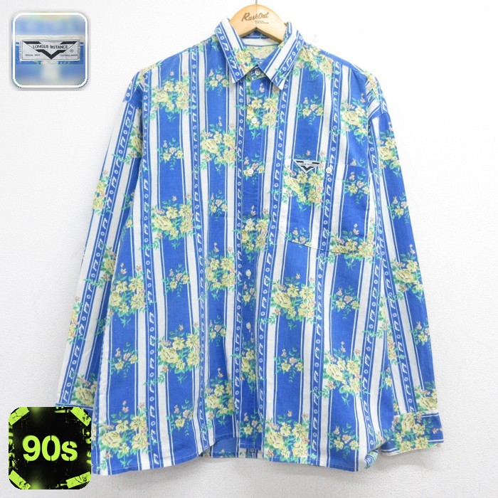 LONGUE DISTANCE 90s 長袖シャツ 総柄 ブルー メンズL相当 | 古着