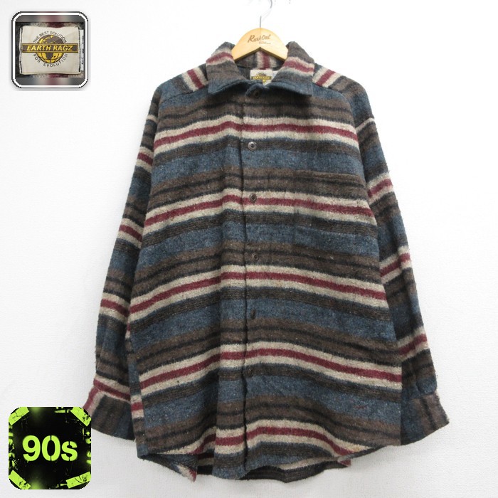 EARTH RAGZ 長袖 シャツ 90s ロング丈 ブラウン ボーダー メンズXL相当 | 古着