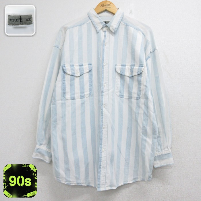 ROBERT STOCK 長袖 シャツ 90s フラップポケット コットン ネイビー ストライプ メンズXL相当 | 古着