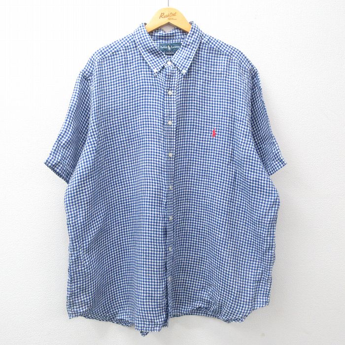 XL★古着 ラルフローレン Ralph Lauren 半袖 ブランド シャツ メンズ 90年代 90s ワンポイントロゴ ロング丈 大きいサイズ リネン ボタンダウン 紺他 ネイビー ギンガム チェック 24feb29 中古 トップス