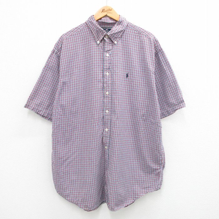 【30%OFF】XL★古着 ラルフローレン Ralph Lauren 半袖 ブランド シャツ メンズ ワンポイントロゴ 大きいサイズ ロング丈 コットン ボタンダウン 紺他 ネイビー チェック 24mar01 中古 トップス
