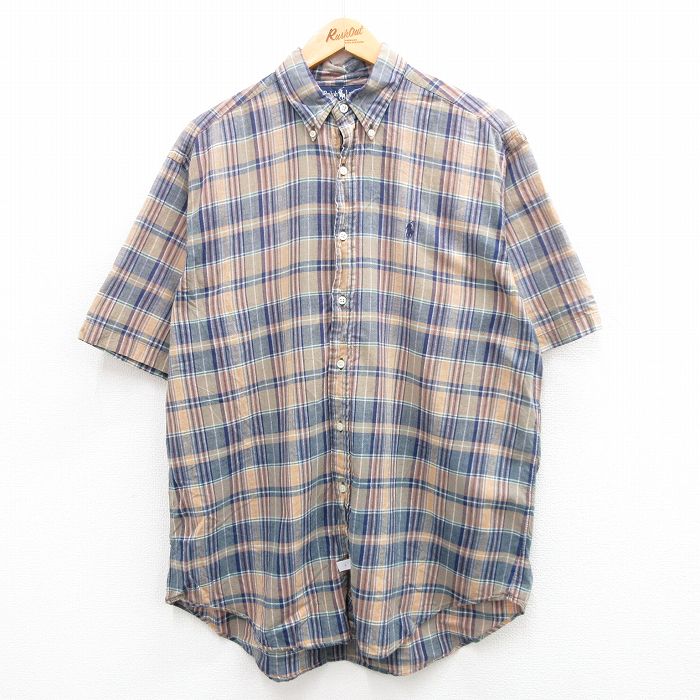 【20%OFF】XL★古着 ラルフローレン Ralph Lauren 半袖 ブランド シャツ メンズ 90年代 90s ワンポイントロゴ ロング丈 コットン ボタンダウン 紺他 ネイビー チェック 【spe】 24mar01 中古 トップス