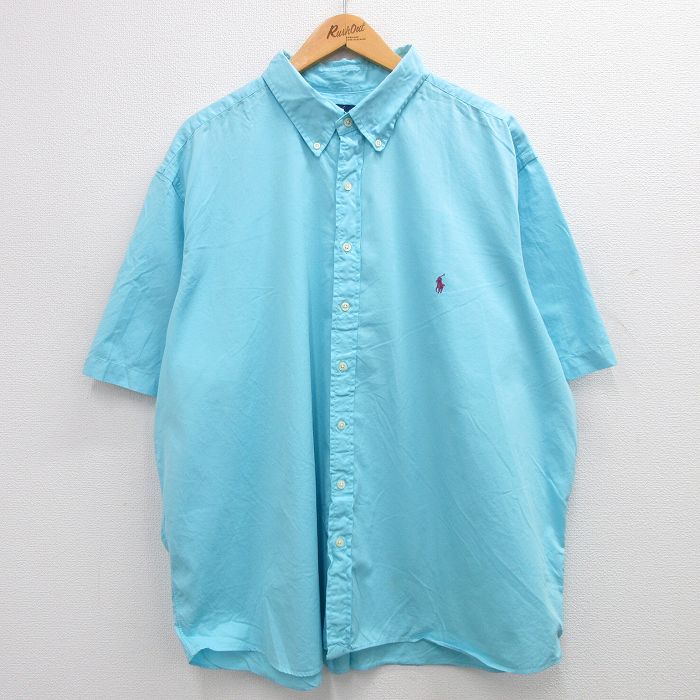 XL★古着 ラルフローレン Ralph Lauren 半袖 ブランド シャツ メンズ ワンポイントロゴ 大きいサイズ コットン ボタンダウン 水色 24mar01 中古 トップス