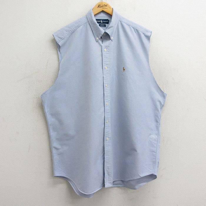 【50%OFF】XL★古着 ラルフローレン Ralph Lauren ノースリーブ ブランド シャツ メンズ 90年代 90s ワンポイントロゴ BLAKE オックスフォード 大きいサイズ ロング丈 コットン ボタンダウン 薄紺 ネイビー 24mar04 中古 トップス