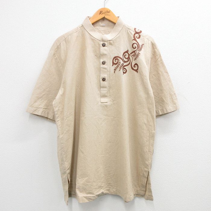XL★古着 半袖 トップス メンズ 刺繍 ノーカラー ベージュ他 カーキ 24mar05 中古